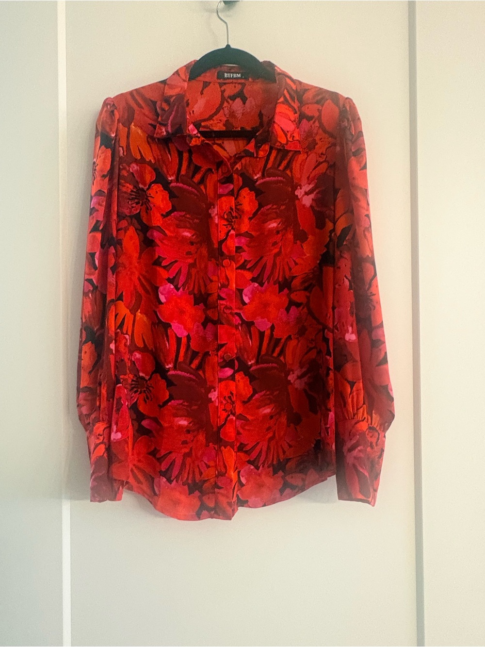 BTFBM vibrant  Red & Pink Floral Button-Down Blouse.
